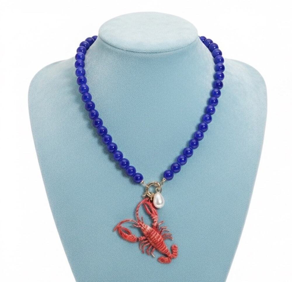 Lobster Necklace Zara Pearl Toggle Bead Blue Kitsch Gold Boho Animal Ceramic